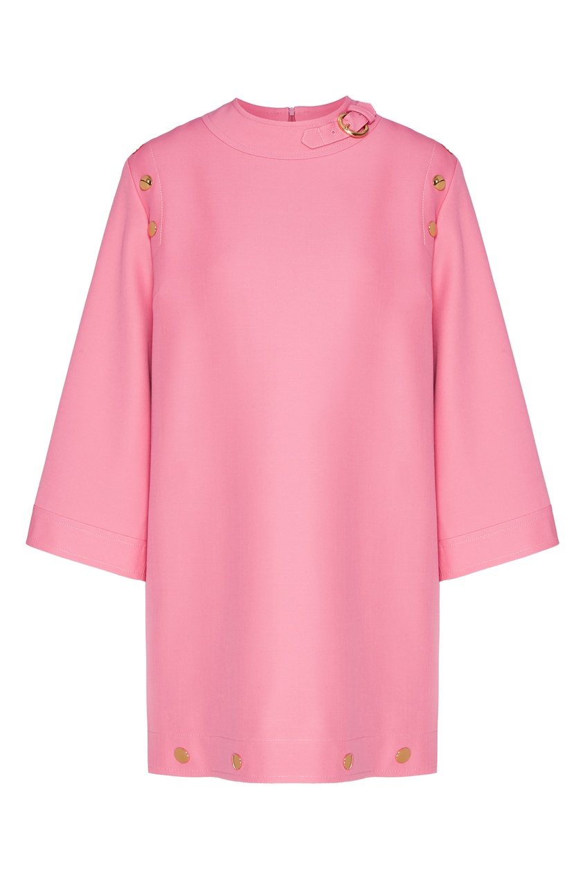 Очень короткое платье-туника из гладкого шелково-шерстяного крепа розового цвета. Круглый горловой вырез до�